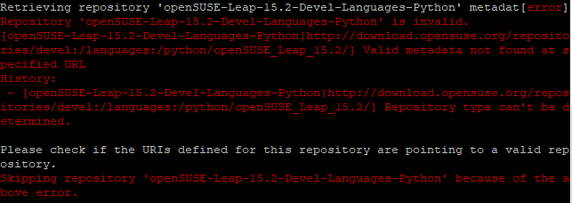 Repository 'openSUSE-Leap-15.2-Devel-Languages-Python' is invalid.