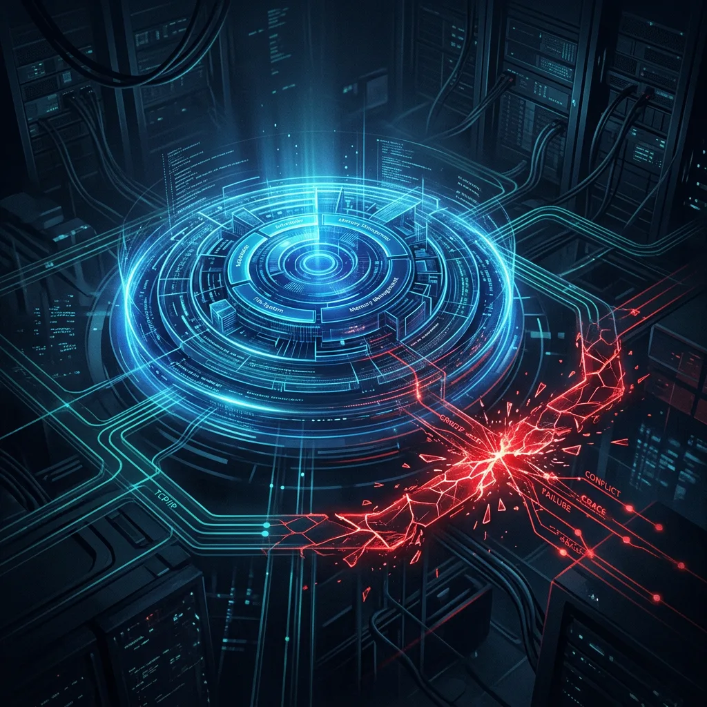 Futuristic server room network diagram showing a red failure spreading through blue system connections